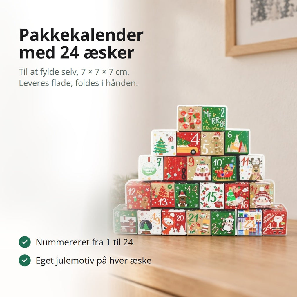 Pakkekalender med 24 æsker med julemotiver og tal