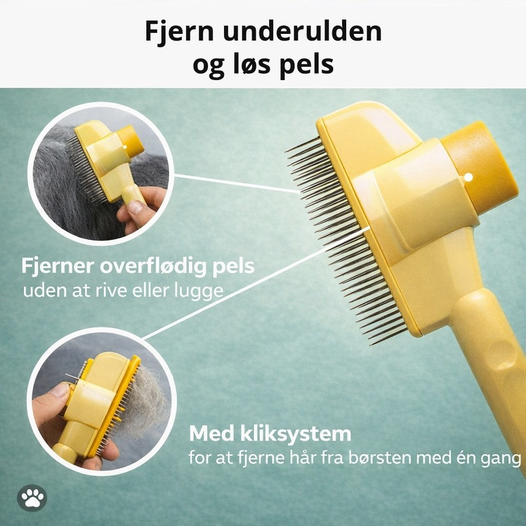 PälsFix kattebørste fjerner underuld og løs pels, med kliksystem til at tømme børsten
