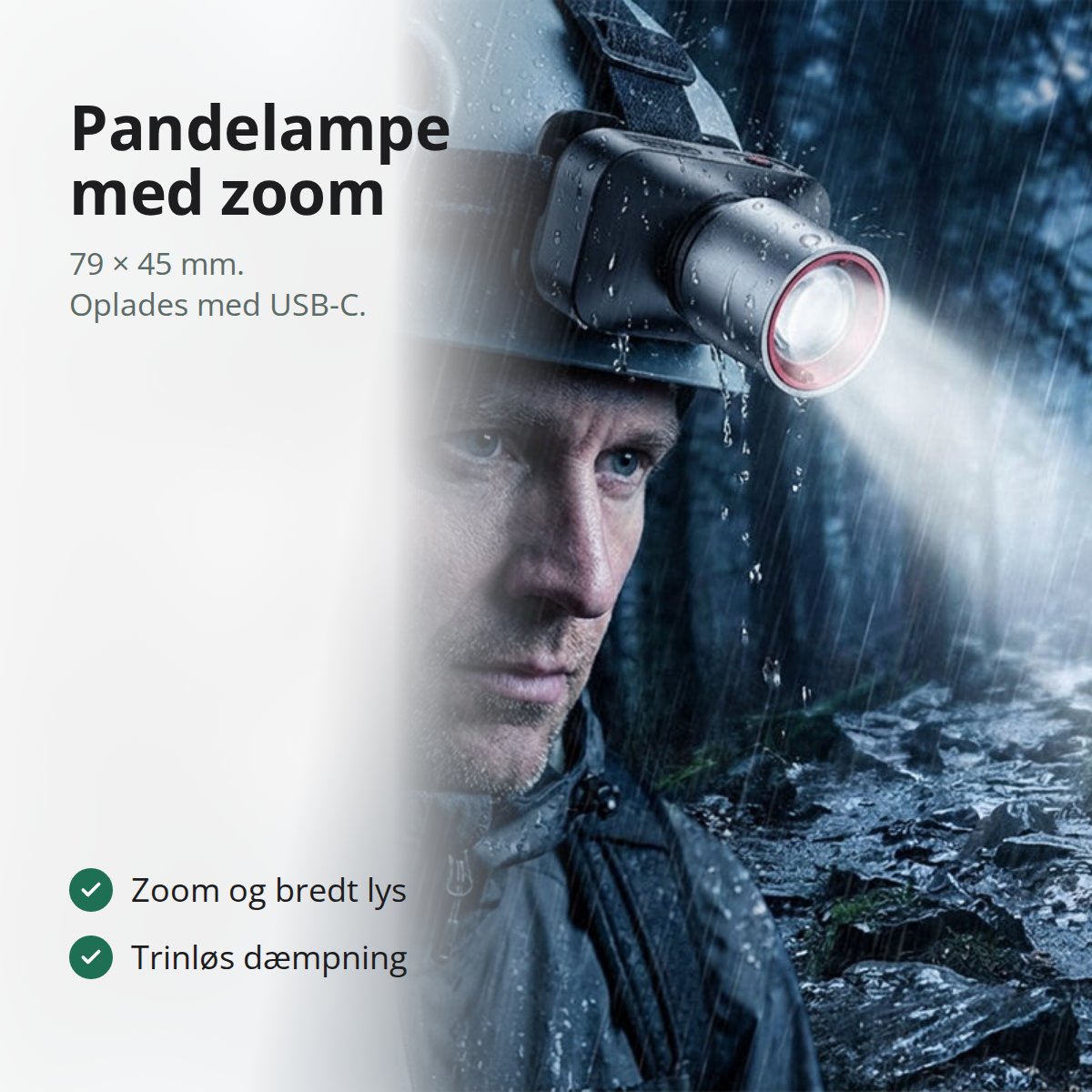 Genopladelig pandelampe med zoom, med tekst: zoom fra punkt til bredt lys, trinløs dæmpning