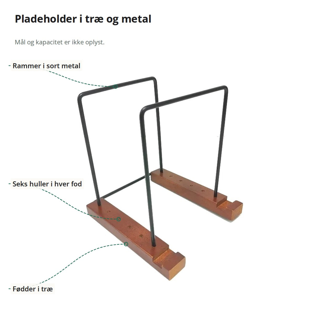 Tom pladeholder med markeringer: rammerne i sort metal, de seks huller i hver fod og fødderne i træ; mål og kapacitet er ikke oplyst