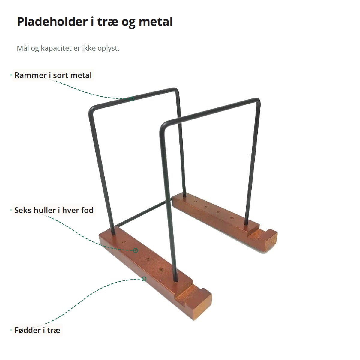Tom pladeholder med markeringer: rammerne i sort metal, de seks huller i hver fod og fødderne i træ; mål og kapacitet er ikke oplyst