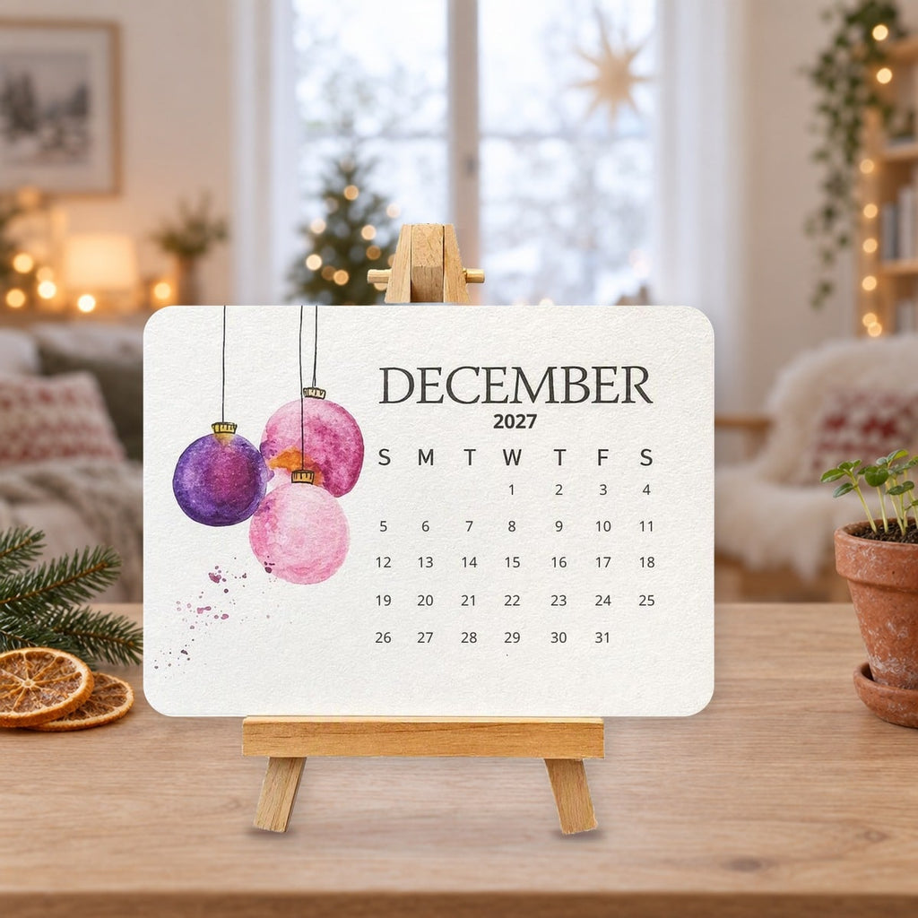 Spira plantbar frøkalender 2027 med decemberkortet i et lille stativ i træ