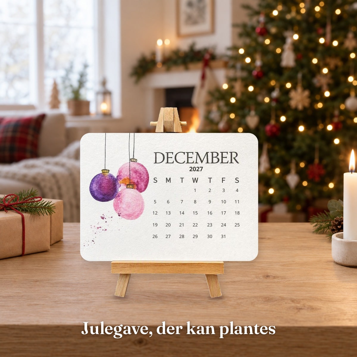 Frøkalenderen i stativ ved juletræet – julegave, der kan plantes
