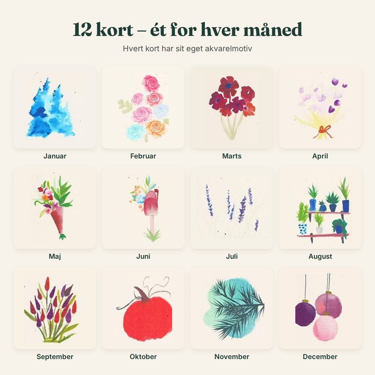 De 12 akvarelmotiver i frøkalenderen, ét for hver måned