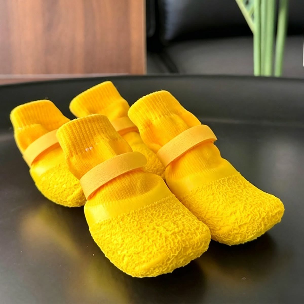 Fire gule hundesokker med gummisål og velcro på et mørkt bord