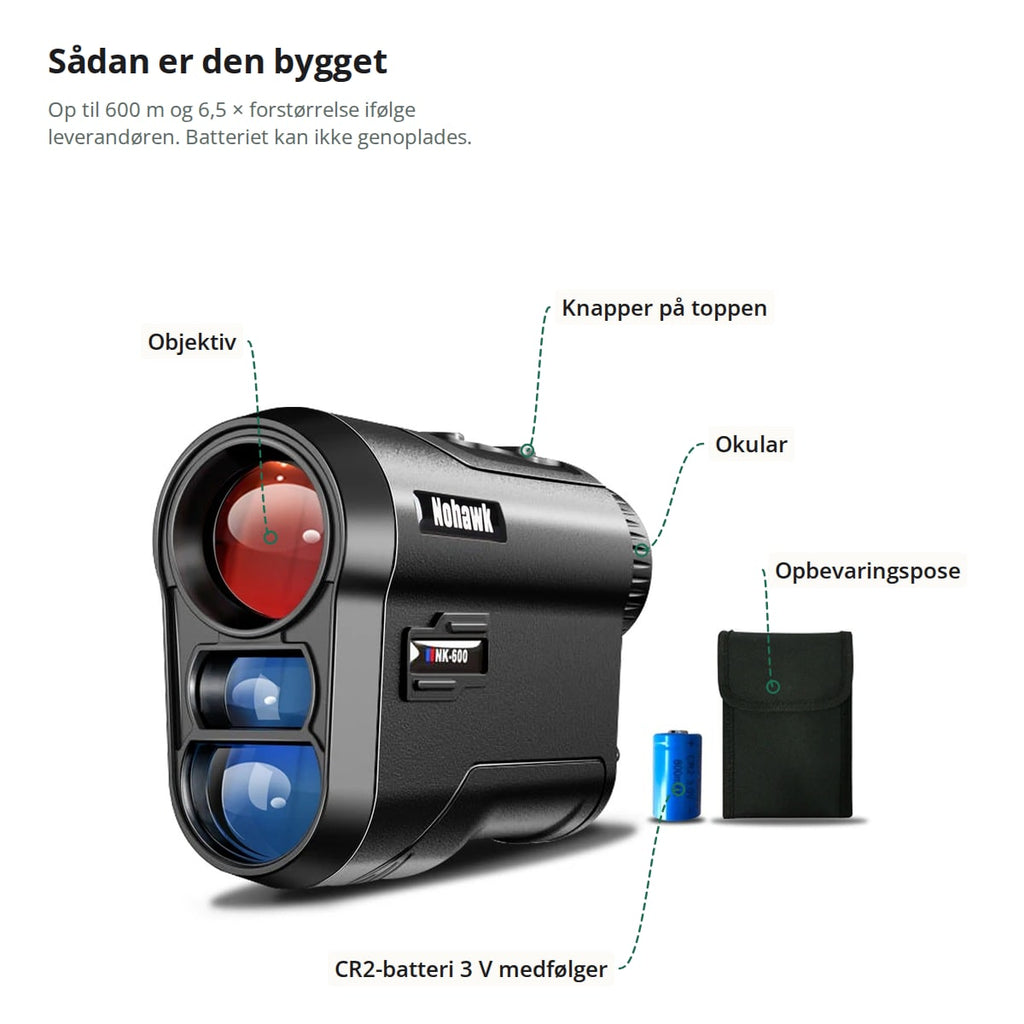 Rangefinderen med markeringer: objektiv, knapper på toppen, okular, opbevaringspose og CR2-batteri på 3 V, der medfølger og ikke kan genoplades