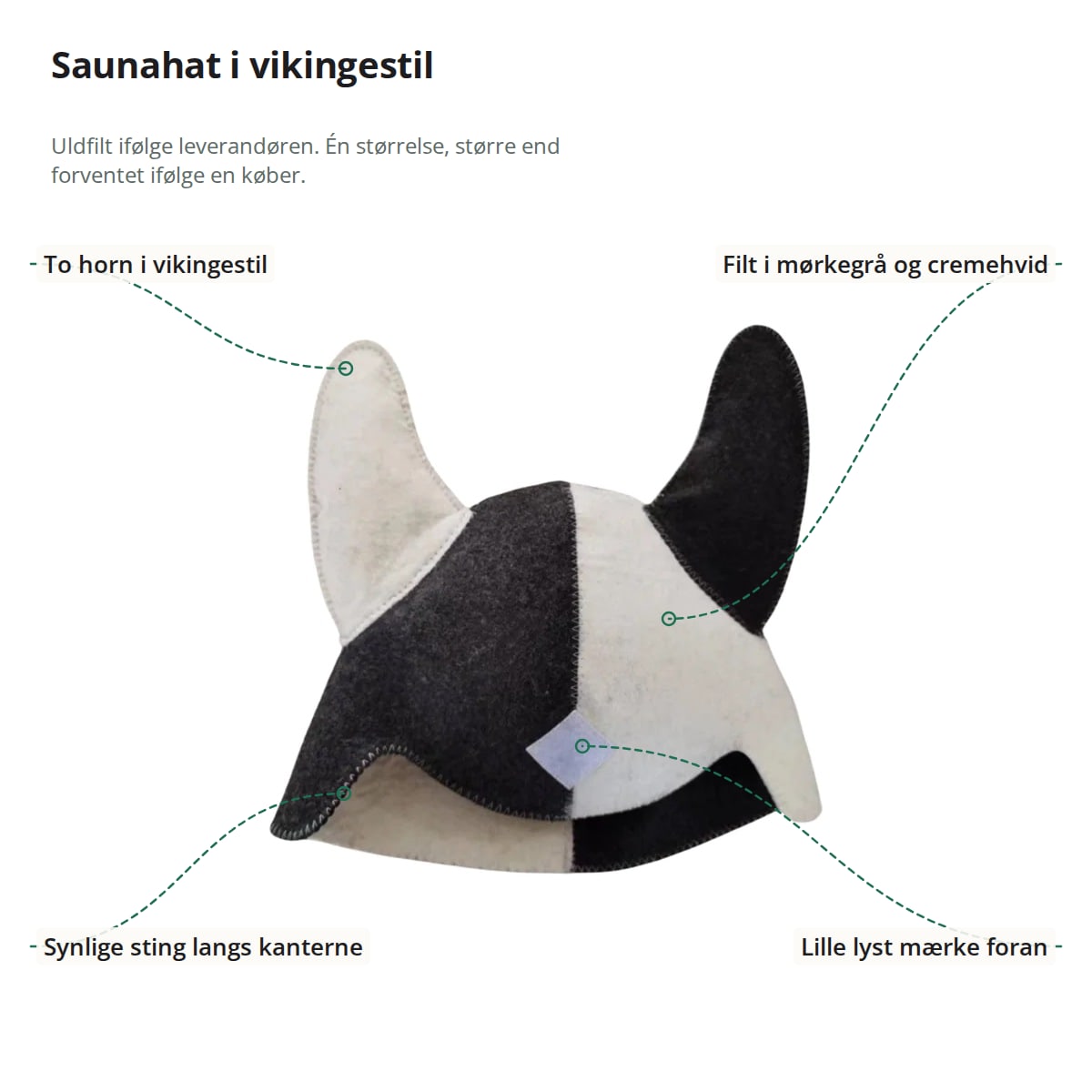 Vikingehatten med markeringer: to horn, filt i mørkegrå og cremehvid, synlige sting langs kanterne og et lille lyst mærke foran