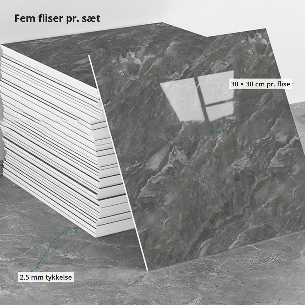 Fliserne med markeringer: tykkelse 2,5 mm og 30 × 30 cm pr. flise