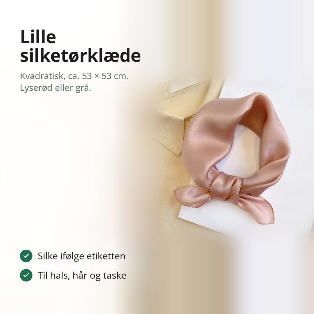Lille silketørklæde bundet om halsen, med teksten: kvadratisk, ca. 53 × 53 cm, silke ifølge etiketten