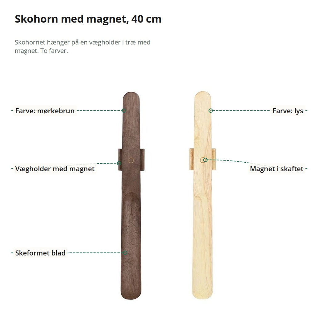Skohorn med magnet i mørkebrun og lys udgave med markeringer: vægholder med magnet, magnet i skaftet og skeformet blad