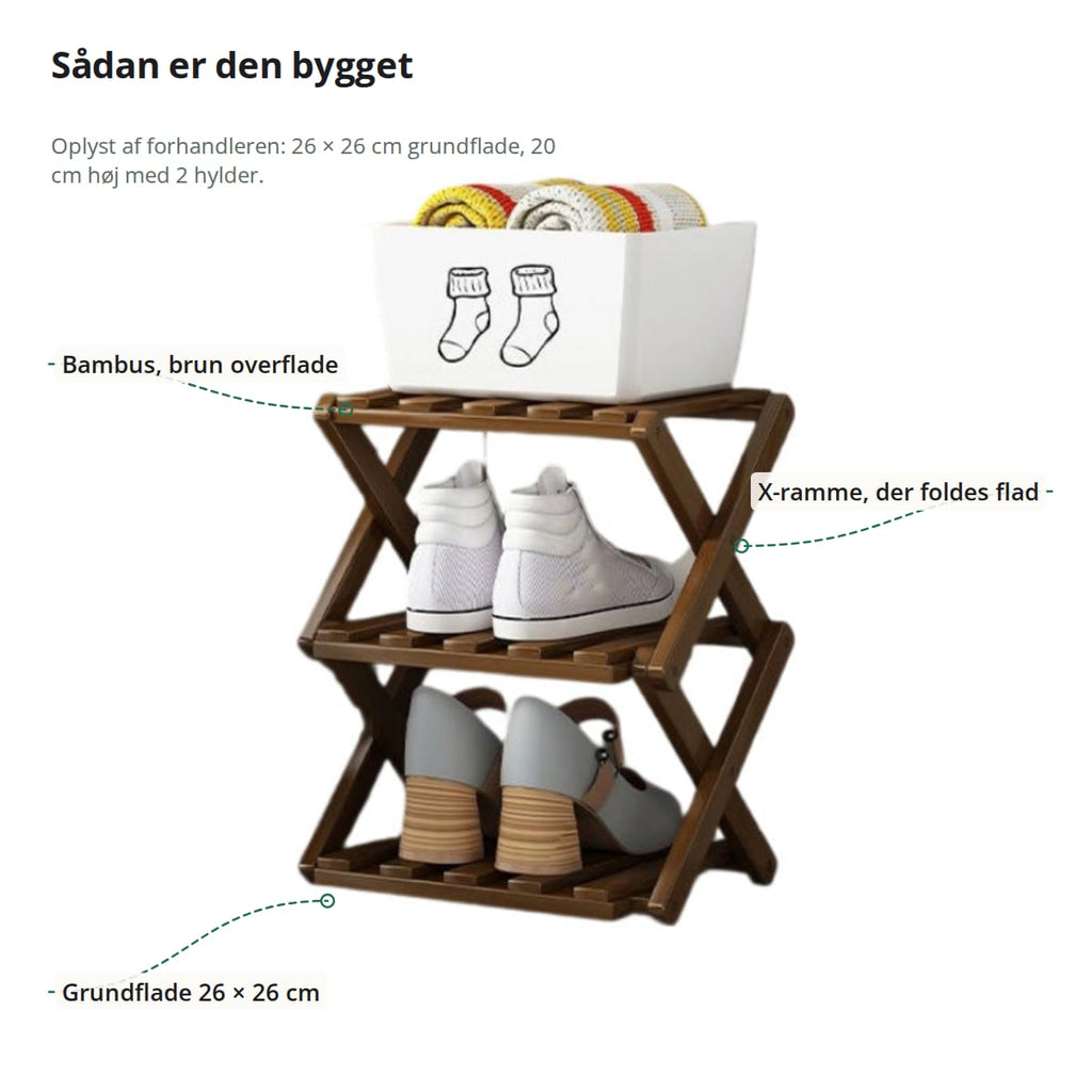 Skoreol i bambus med to hylder med forklaringer: bambus med brun overflade, X-ramme der foldes flad, grundflade 26 × 26 cm