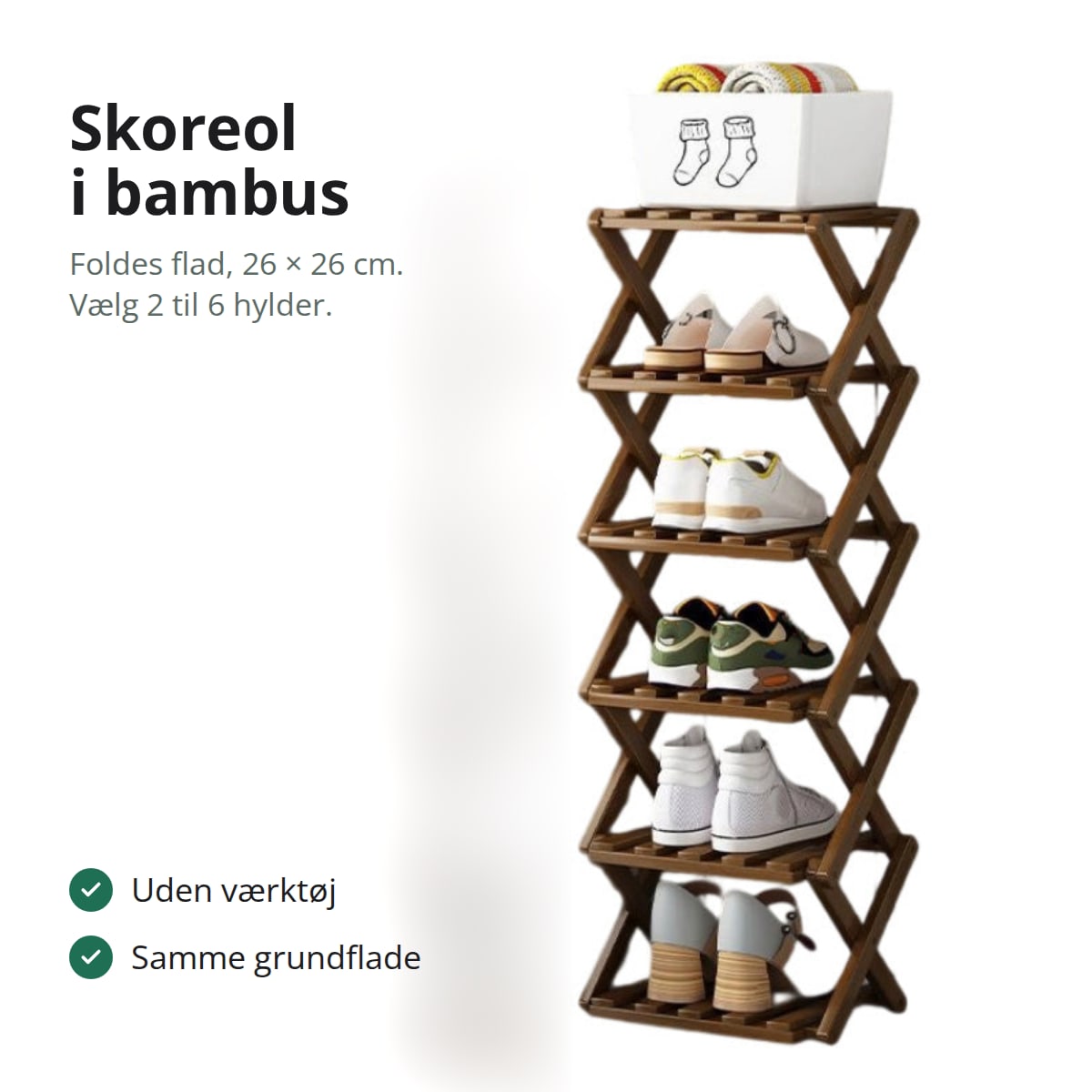 Skoreol i bambus, der kan foldes flad, med tekst: foldes flad uden værktøj, samme grundflade uanset højde