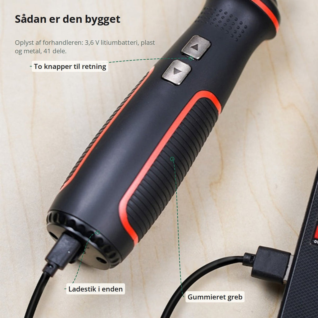 Skruetrækkeren med markeringer: to knapper til retning, gummieret greb og ladestik i enden