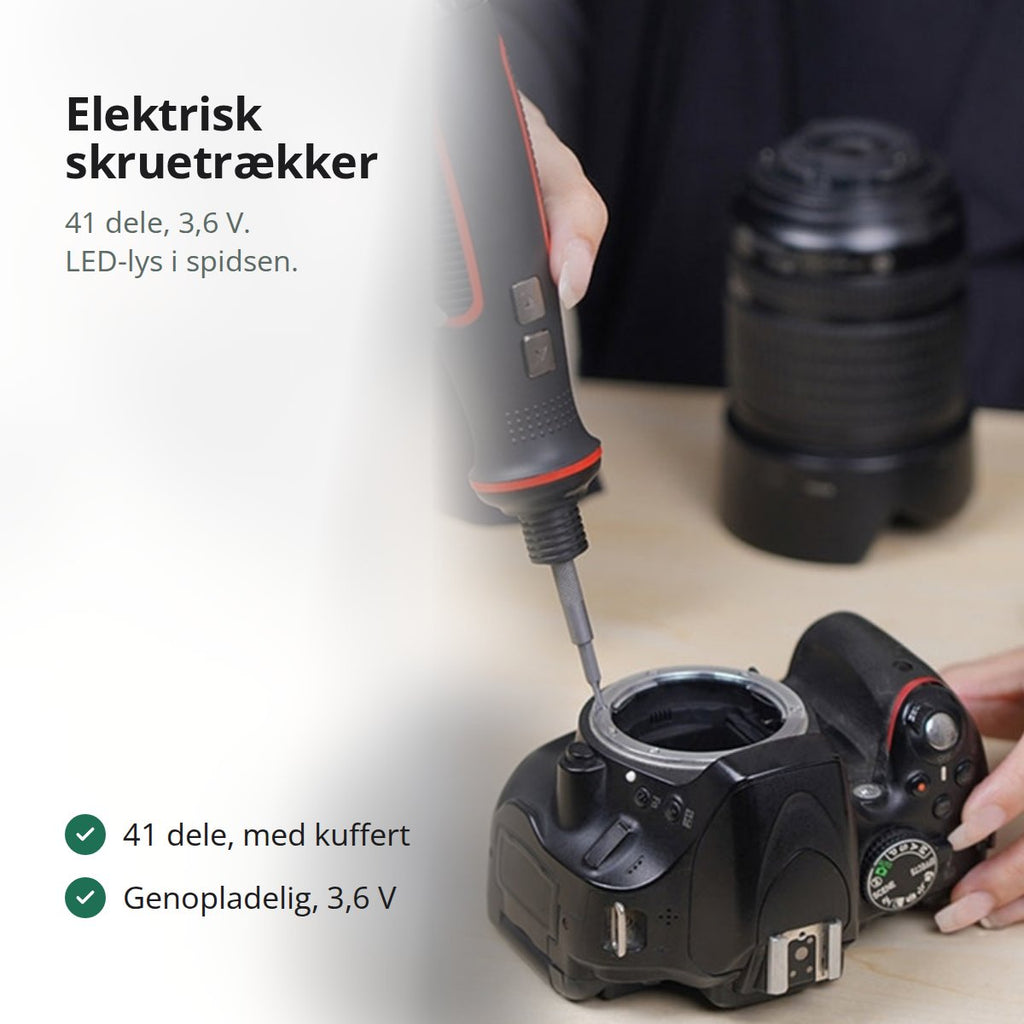 Elektrisk skruetrækker i sort og rød bruges på et kamerahus, med teksten: genopladelig, 3,6 V