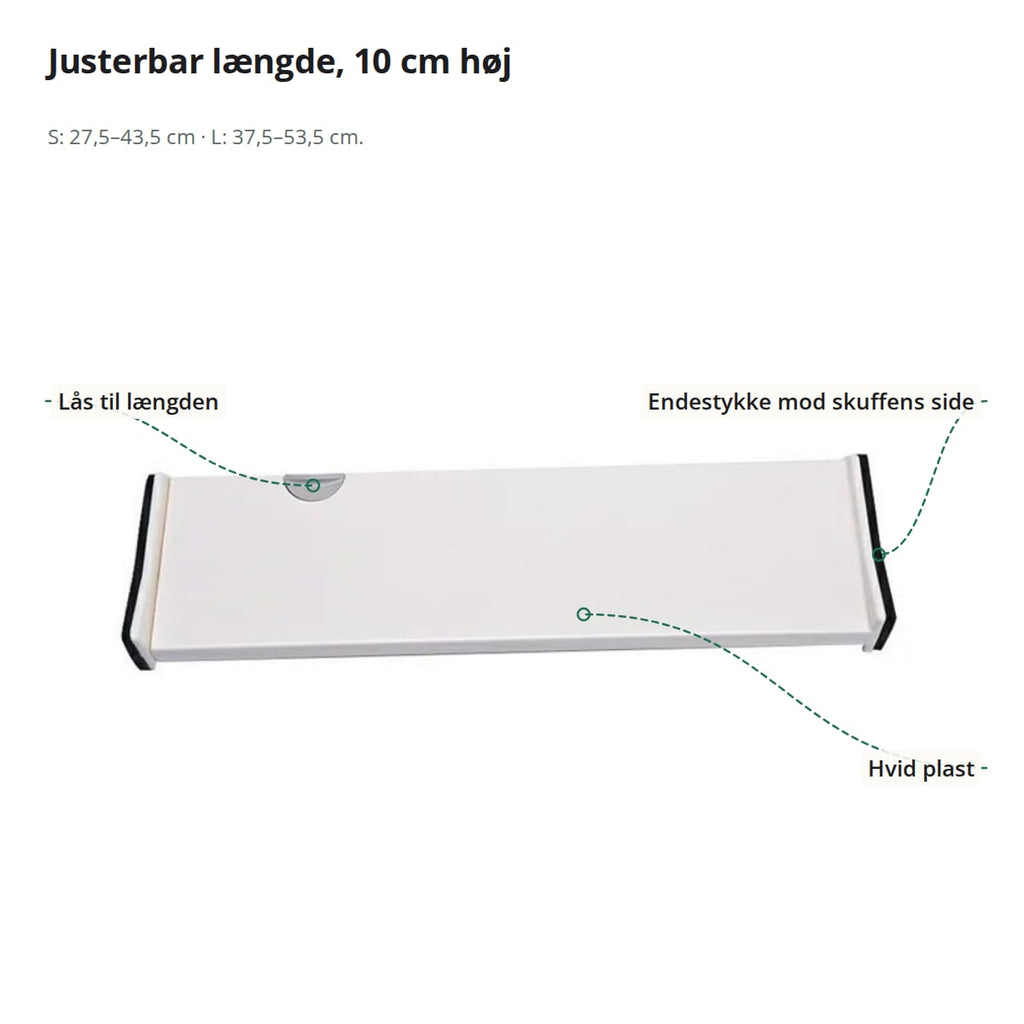 Skuffeinddeler med markeringer: lås til længden, endestykke mod skuffens side og hvid plast