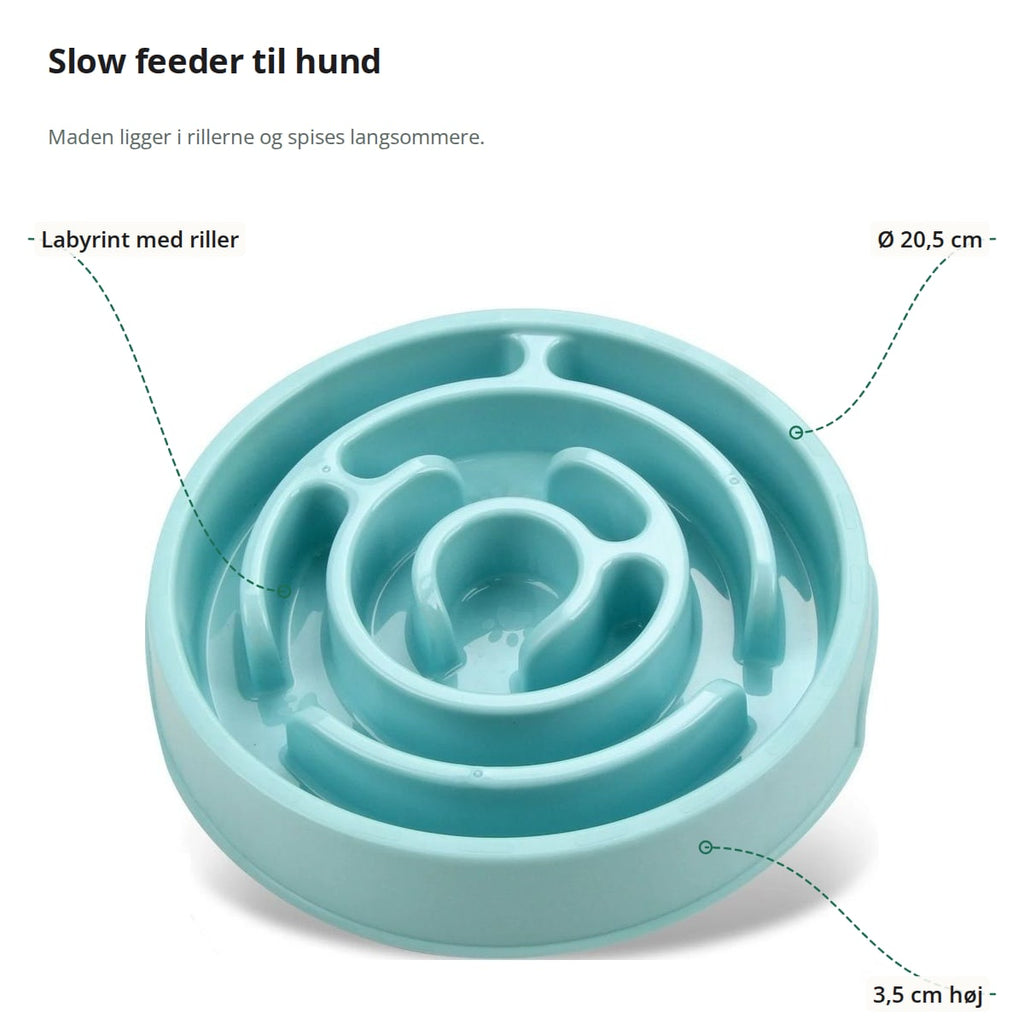 Turkis slow feeder med markeringer: labyrint med riller, diameter 20,5 cm og højde 3,5 cm