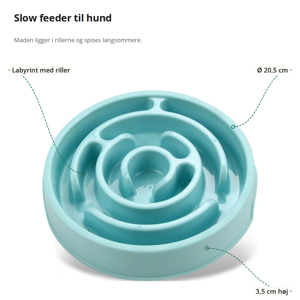 Turkis slow feeder med markeringer: labyrint med riller, diameter 20,5 cm og højde 3,5 cm