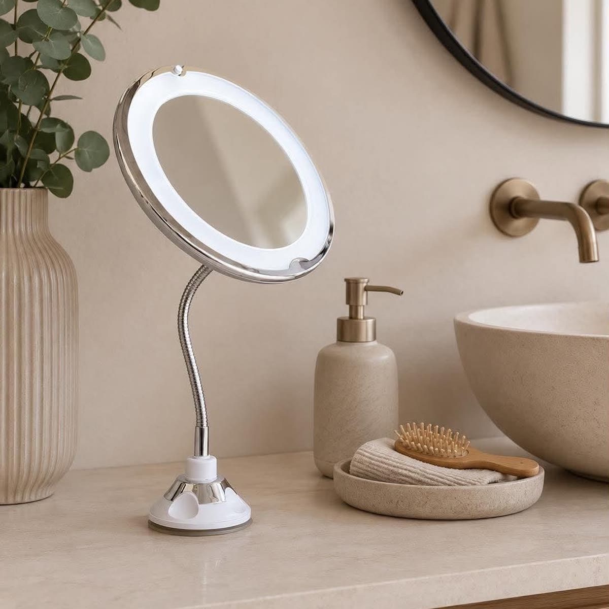 Hvidt makeupspejl med lys på en beige badeværelsesbordplade ved siden af en sæbedispenser