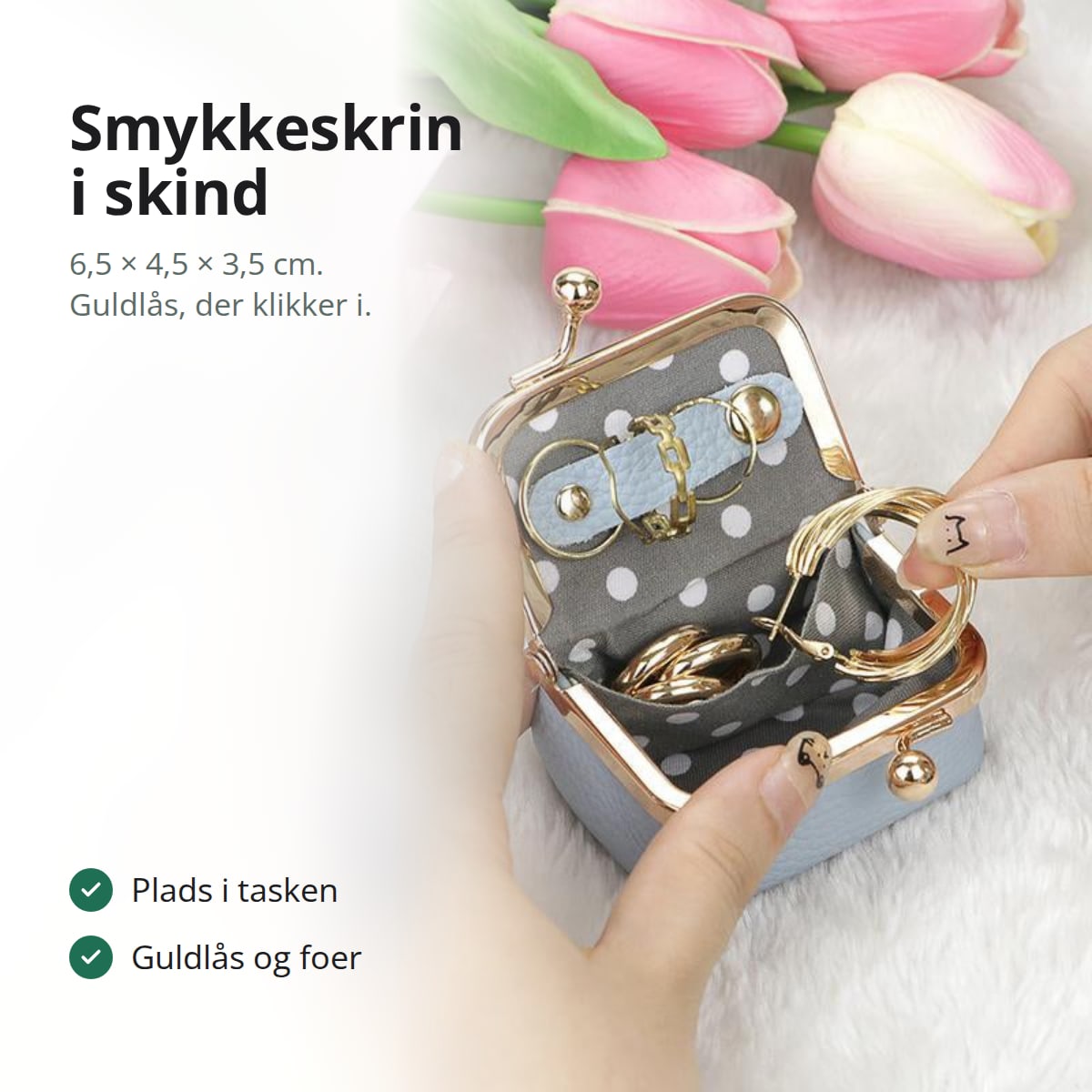 Lille smykkeskrin i skind med guldlås