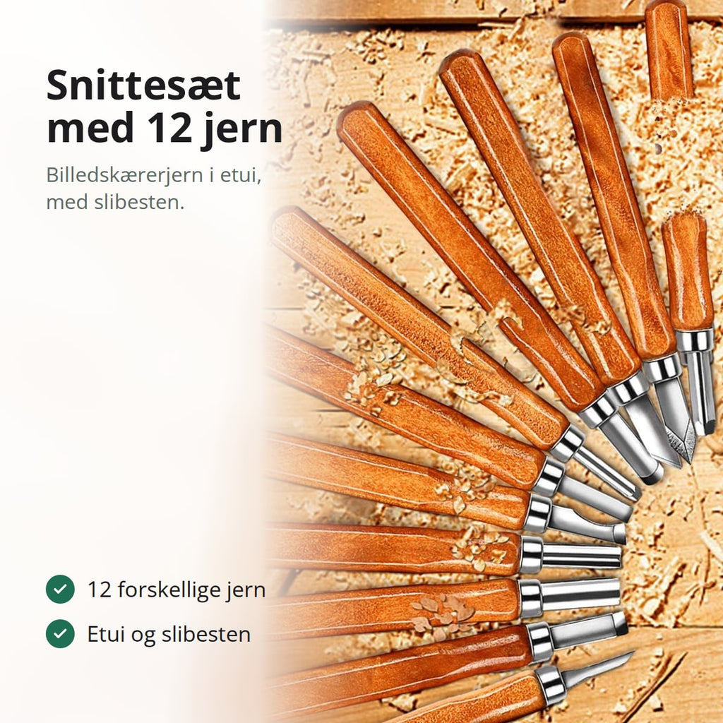 Snittesæt med 12 billedskærerjern med træhåndtag lagt i vifteform på træspåner