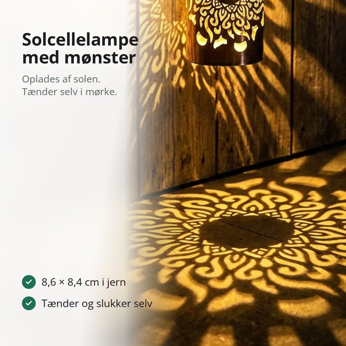 Solcellelampe med mandalamønster, med tekst: jern, lyssensor tænder og slukker selv