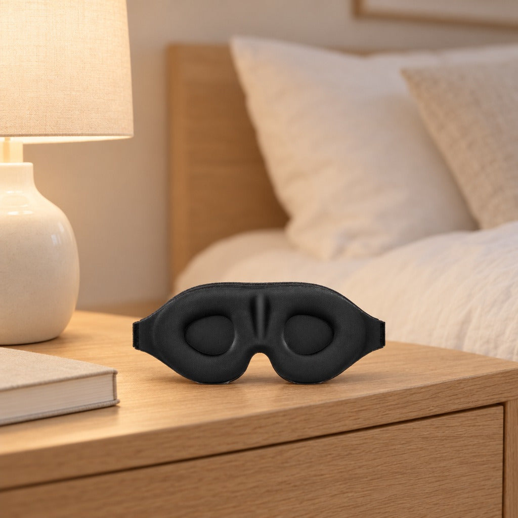 Sovemasken med de formede øjenkopper på et natbord i lys eg