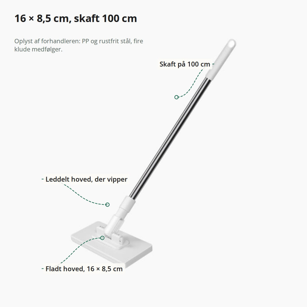 Støvkosten med markeringer: skaft på 100 cm, leddelt hoved, der vipper, og fladt hoved på 16 × 8,5 cm