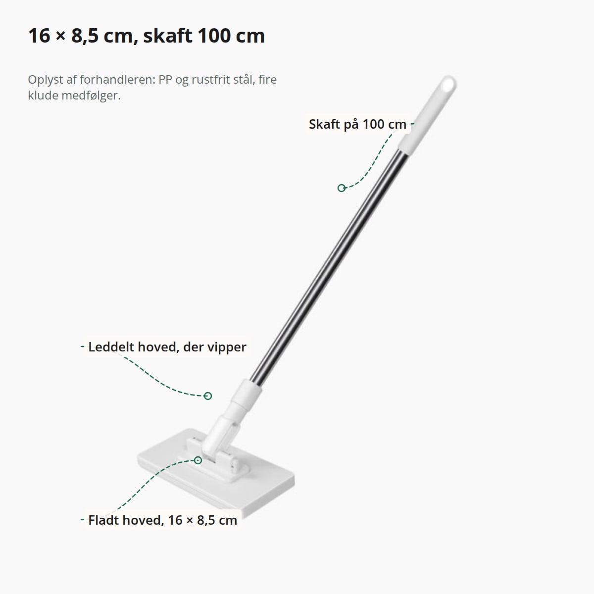 Støvkosten med markeringer: skaft på 100 cm, leddelt hoved, der vipper, og fladt hoved på 16 × 8,5 cm