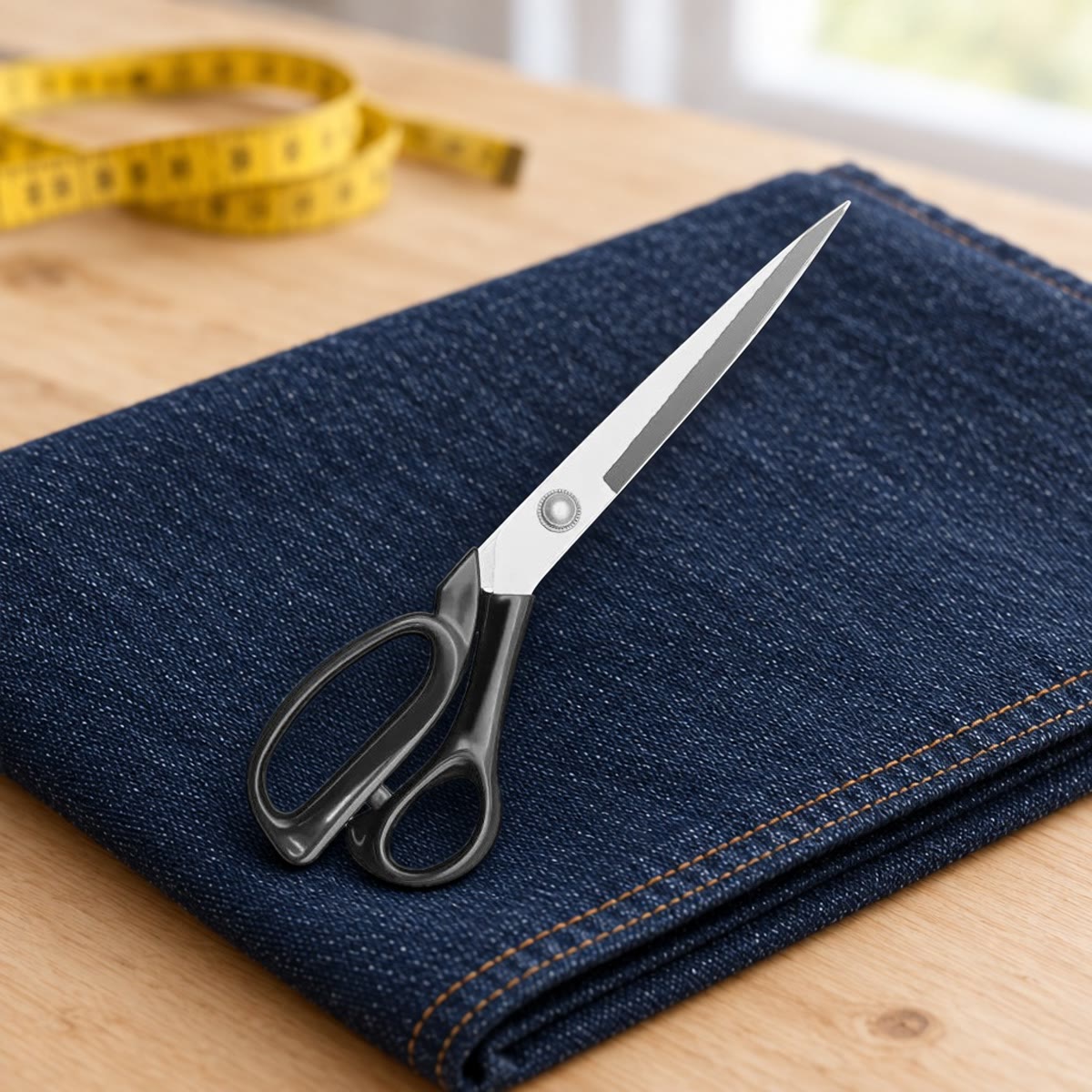 Stofsaks med sort håndtag liggende på et sammenfoldet stykke mørkeblåt denim på et arbejdsbord