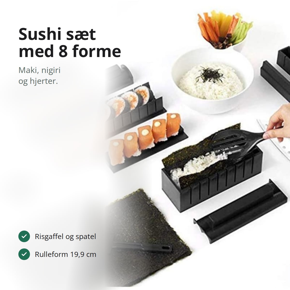 Sushi sæt med forme, risgaffel og spatel med nori, ris og færdig sushi