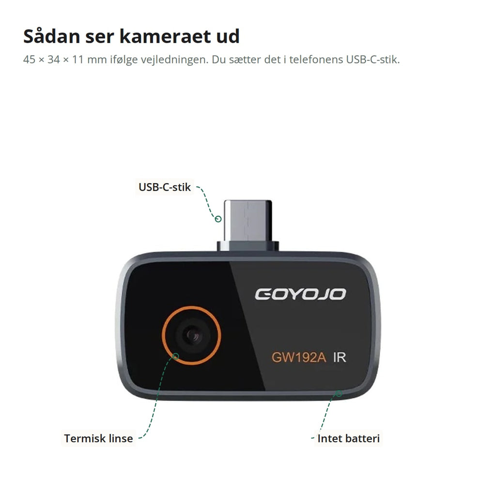 Det termiske kameras dele: USB-C-stik og termisk linse, uden batteri