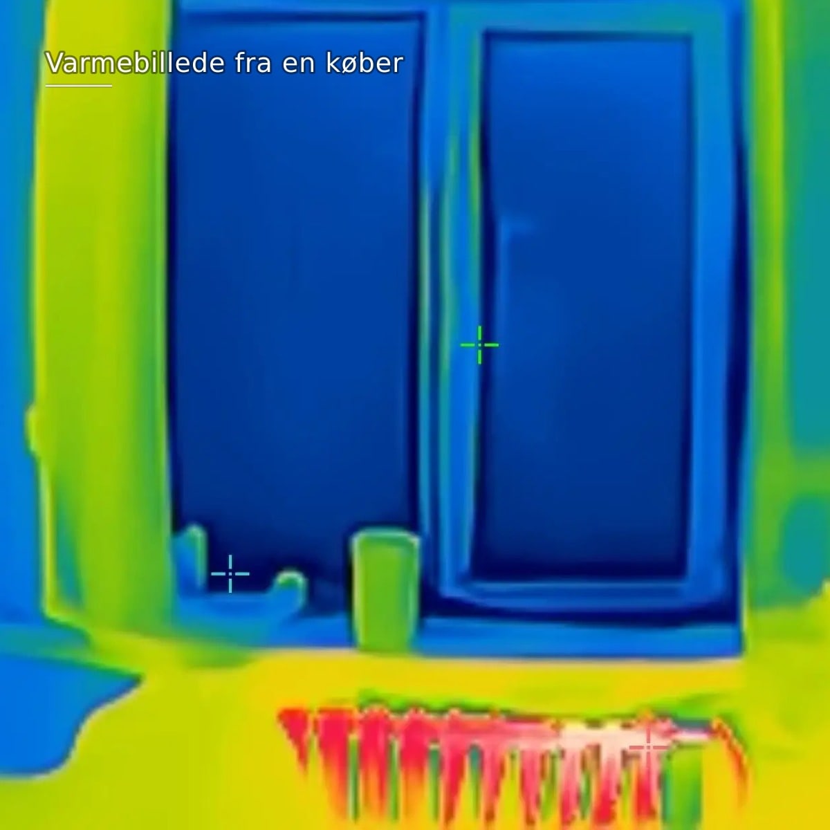 Varmebillede taget af en køber: det kolde vindue er blåt, den varme radiator nedenunder rød