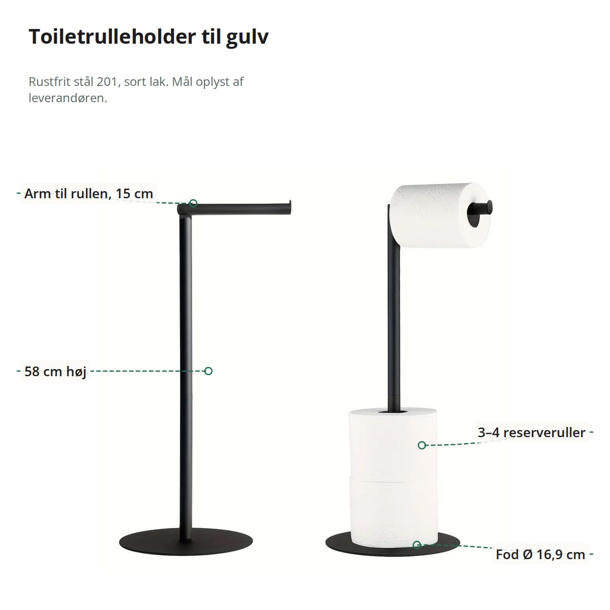 Toiletrulleholderen med markeringer: arm til rullen på 15 cm, 58 cm høj, 3–4 reserveruller og fod med Ø 16,9 cm
