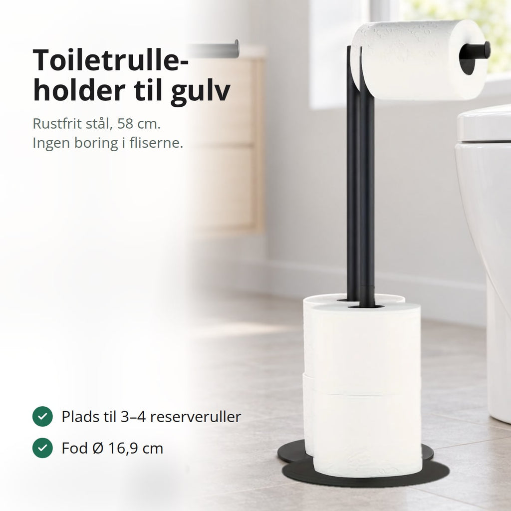 Sort fritstående toiletrulleholder i rustfrit stål, med teksten: 58 cm, ingen boring, plads til 3–4 reserveruller, fod Ø 16,9 cm