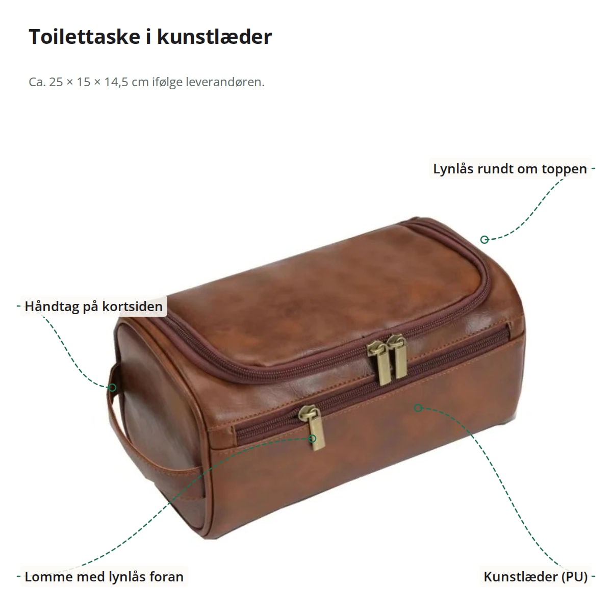 Toilettaske til herre med markeringer: lynlås rundt om toppen, håndtag på kortsiden, lomme med lynlås foran og kunstlæder (PU); ca. 25 × 15 × 14,5 cm ifølge leverandøren