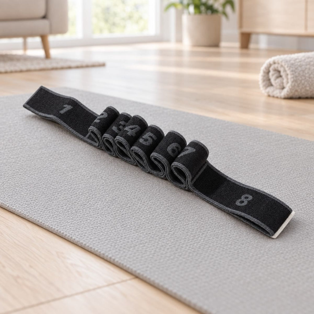 Træningselastik i sort med grå tal på løkkerne, liggende på en yogamåtte på et trægulv