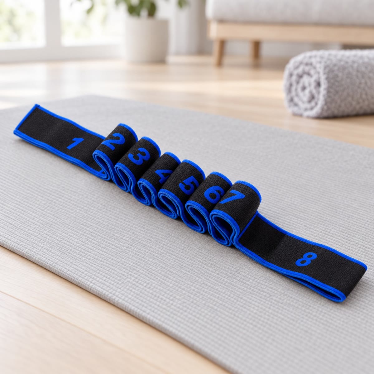 Træningselastik med blå kant og blå tal på de otte løkker, på en grå yogamåtte