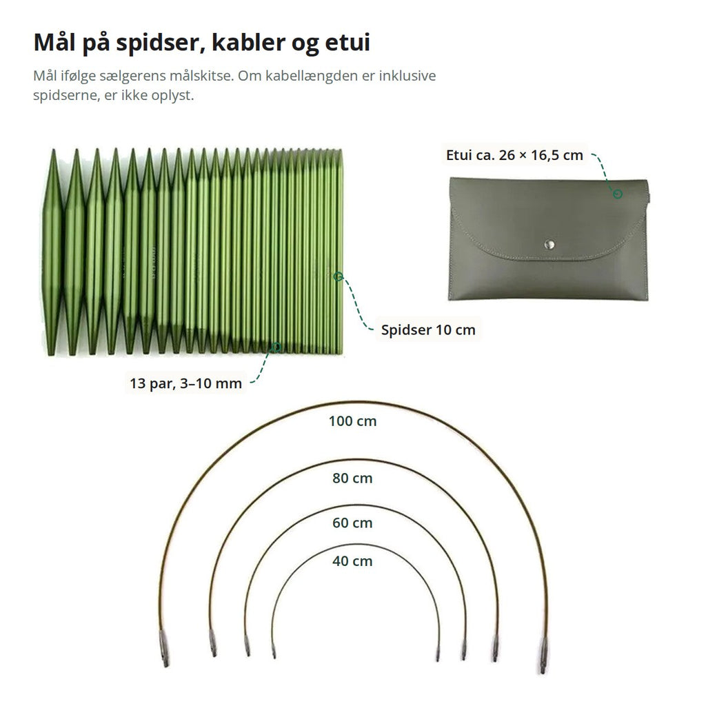 Mål ifølge sælgerens målskitse: spidser på 10 cm, 13 par fra 3 til 10 mm, kabler mærket 40, 60, 80 og 100 cm og etui på ca. 26 × 16,5 cm
