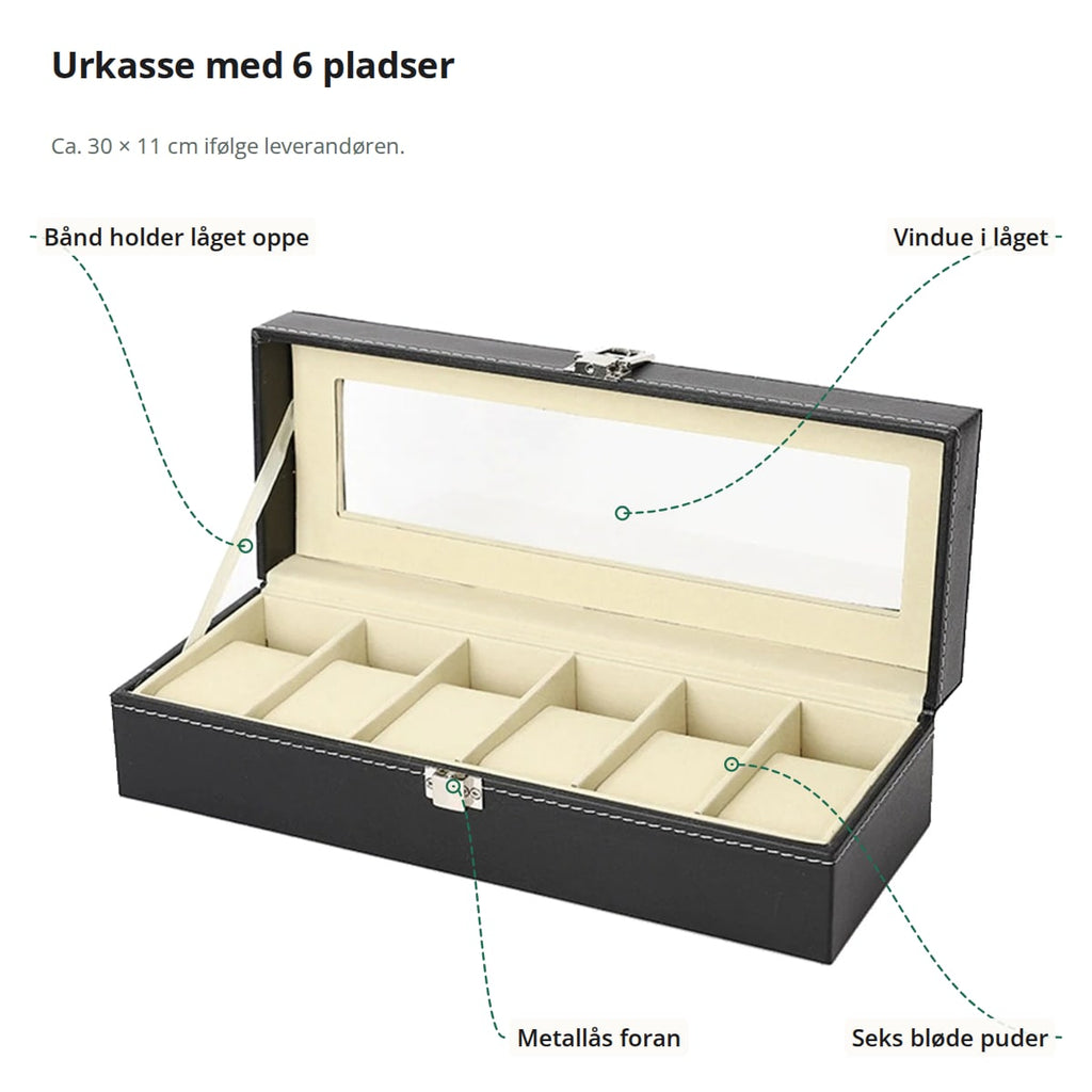 Urkasse med seks pladser med markeringer: båndet, der holder låget, vinduet i låget, metallåsen og de seks puder