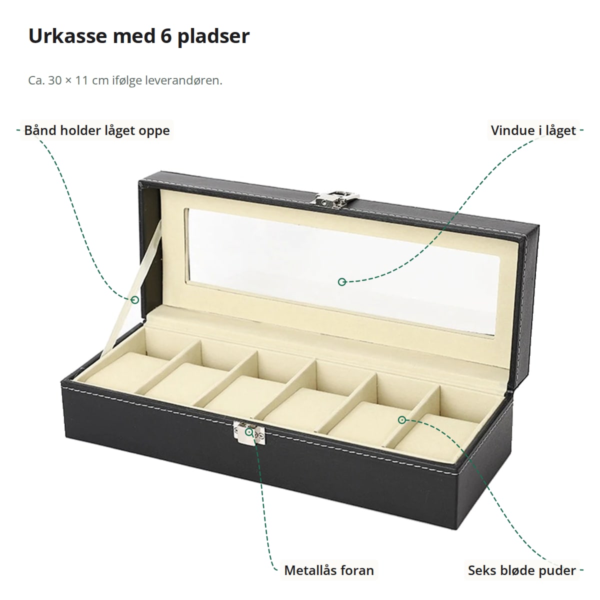 Urkasse med seks pladser med markeringer: båndet, der holder låget, vinduet i låget, metallåsen og de seks puder