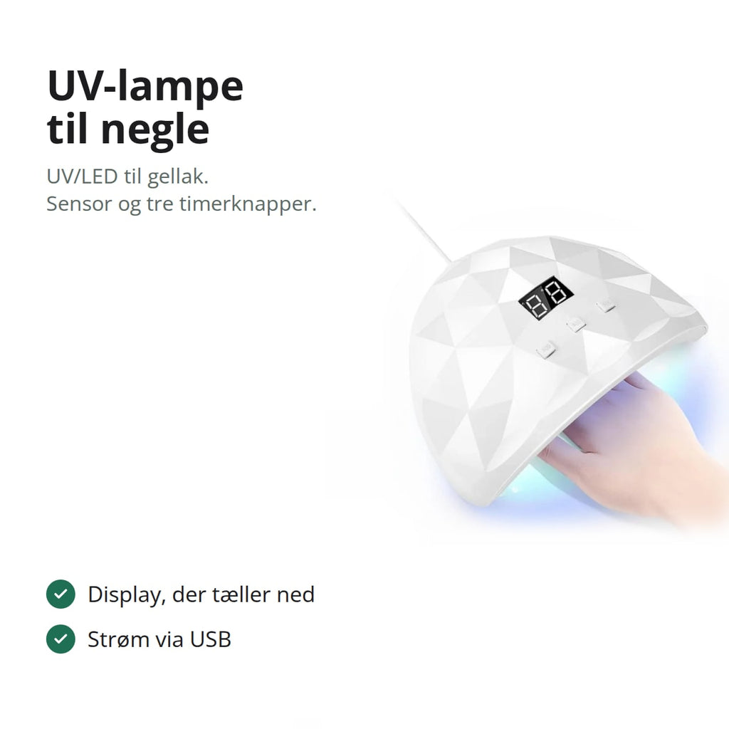 Hvid UV-lampe til negle med display over en hånd med gellak, med teksten: display, der tæller ned, strøm via USB