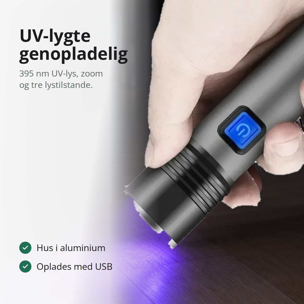 Hånd, der holder en UV-lygte med violet lys mod et trægulv i en mørk gang