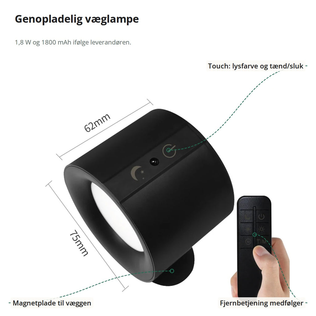 Sort væglampe med mål 62 og 75 mm og markeringer: touchknap til lysfarve og tænd/sluk, fjernbetjening medfølger og magnetplade til væggen