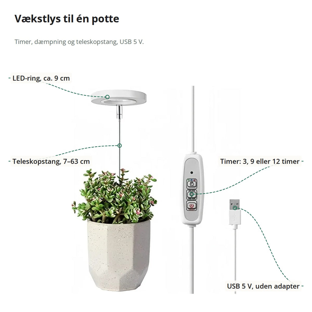 Vækstlyset med markeringer: LED-ring på ca. 9 cm, teleskopstang på 7–63 cm, timer på 3, 9 eller 12 timer og USB 5 V uden adapter