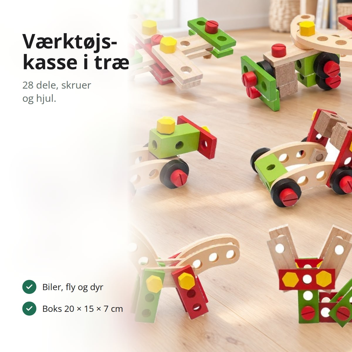 Værktøjskasse til børn i træ samlet til fly og biler på et trægulv, med teksten: 28 dele, skruer og hjul, boks 20 × 15 × 7 cm