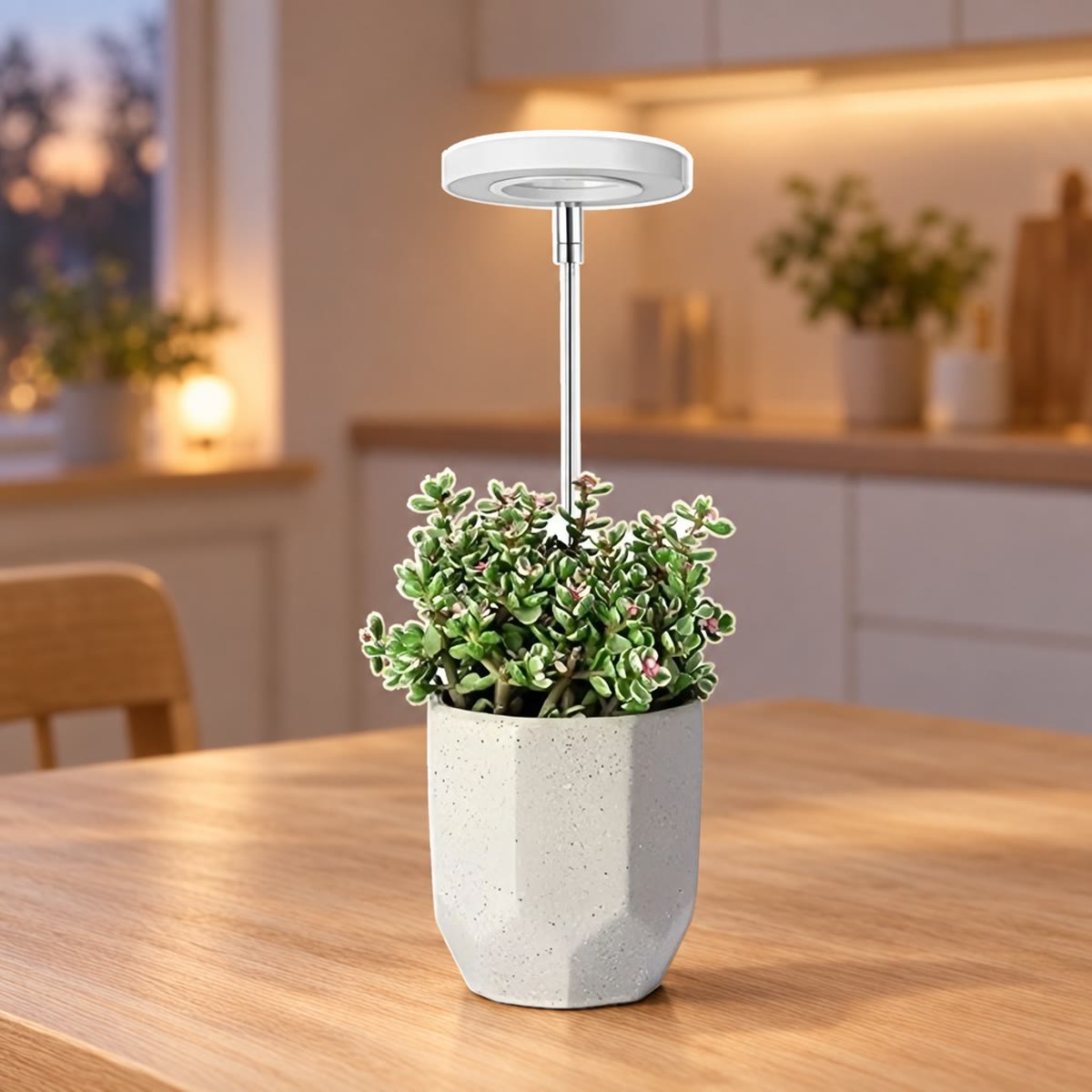 Vækstlys med LED-ring over en potteplante på et køkkenbord om aftenen