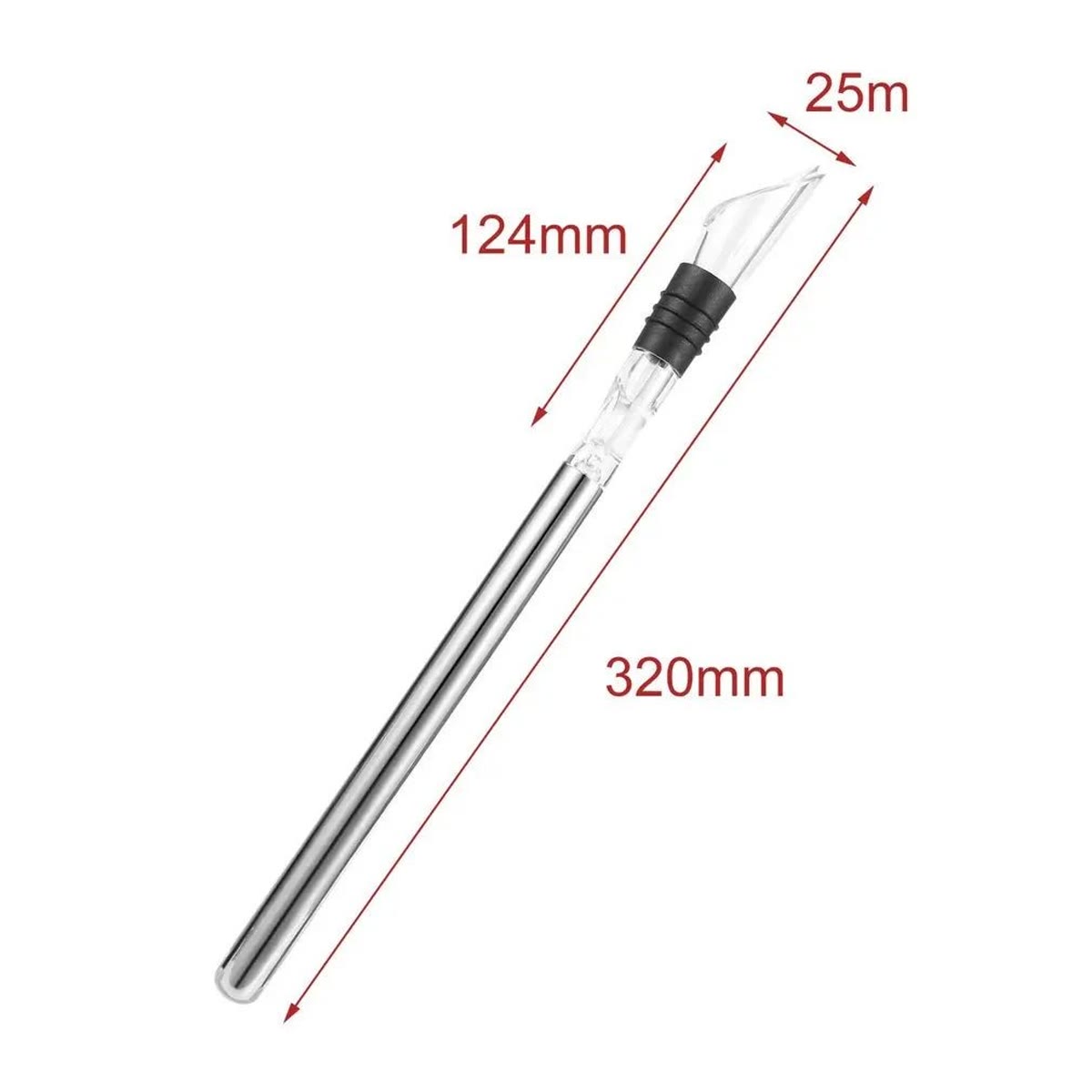 Måltegning af vinkøleren: staven er 320 mm lang og hældetuden 124 mm