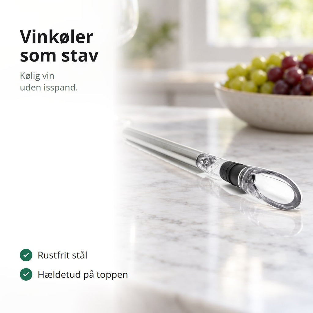 Vinkøler-stav i rustfrit stål med hældetud på en marmorbordplade, med teksten: rustfrit stål, hældetud på toppen